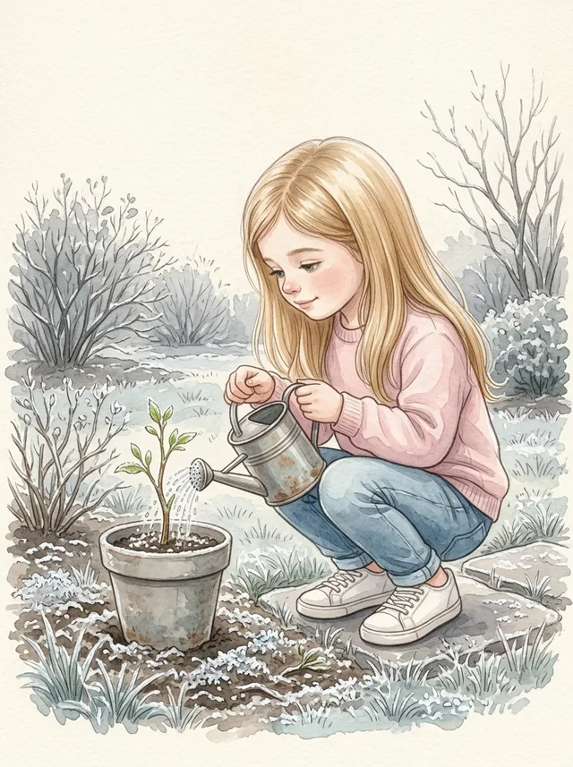 En inre sida ur boken: flickan vattnar en liten planta i vinterträdgården