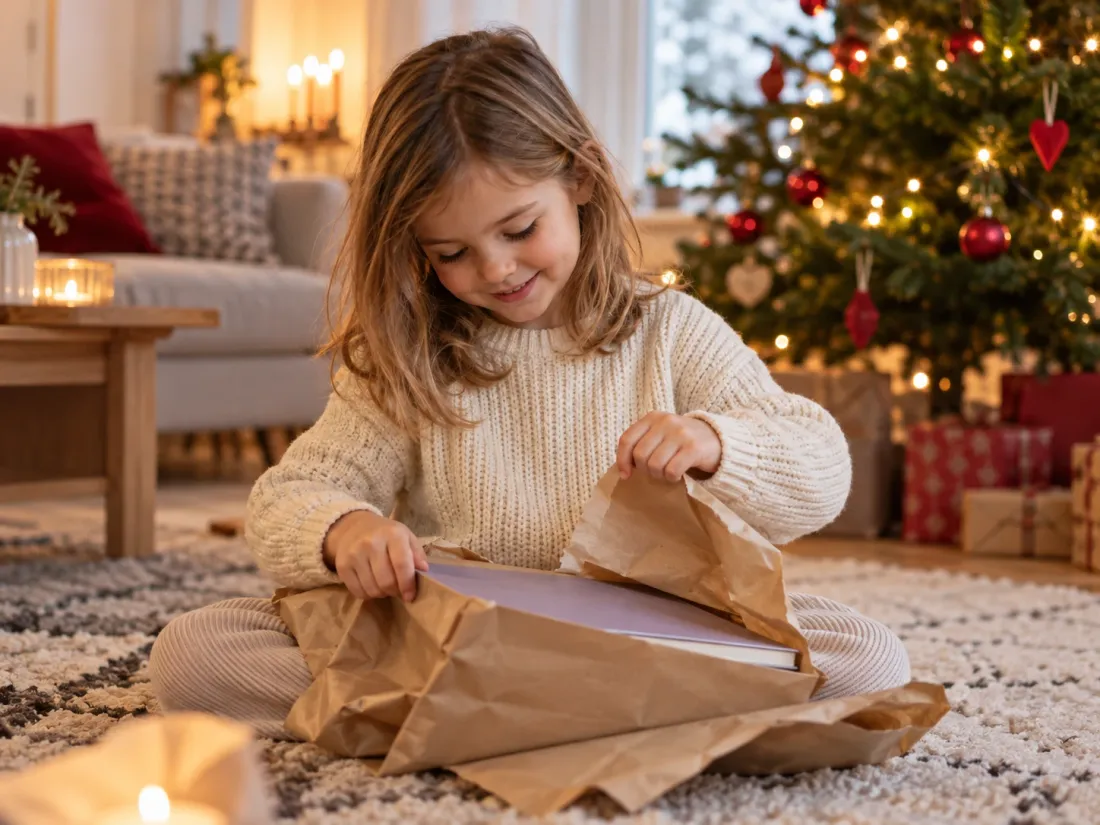 Ett barn sitter vid julgranen och packar upp en bok ur brunt omslagspapper